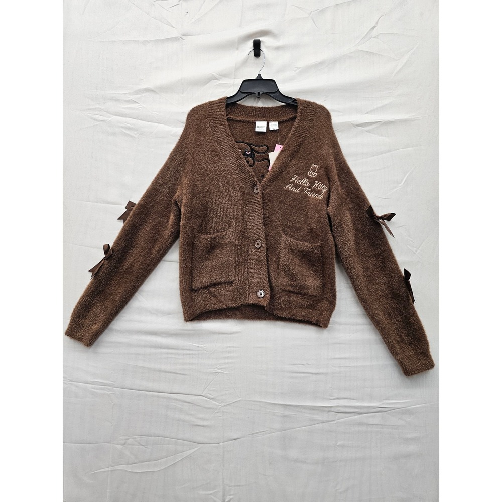 Sanrio Hello Kitty and Friends Brown Fuzzy Cardigan Sweater Bows New‎ S